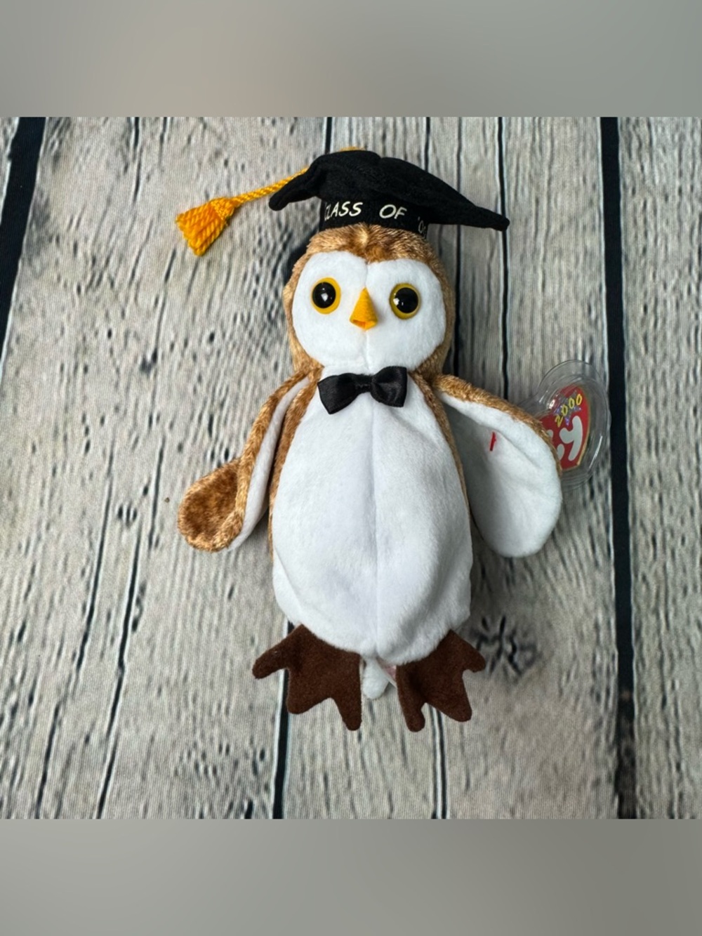 TY Beanie Babies Light Brown White Wisest Owl Plush Graduation Cap Class of 00’